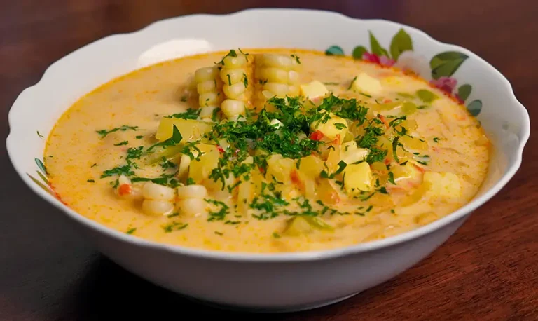 Plato de chupe de olluco peruano servido caliente con queso fresco, huevo y perejil picado