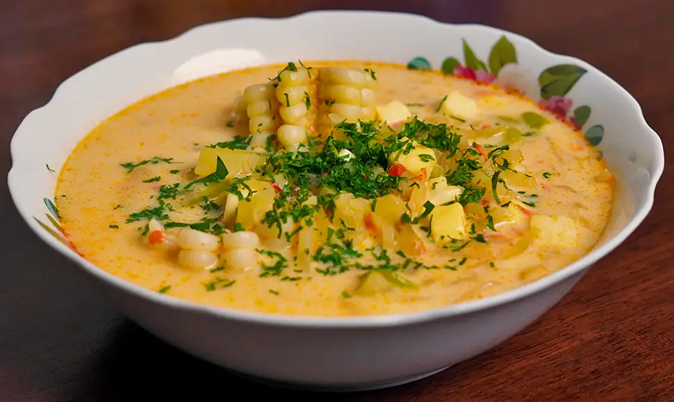 Plato de chupe de olluco peruano servido caliente con queso fresco, huevo y perejil picado