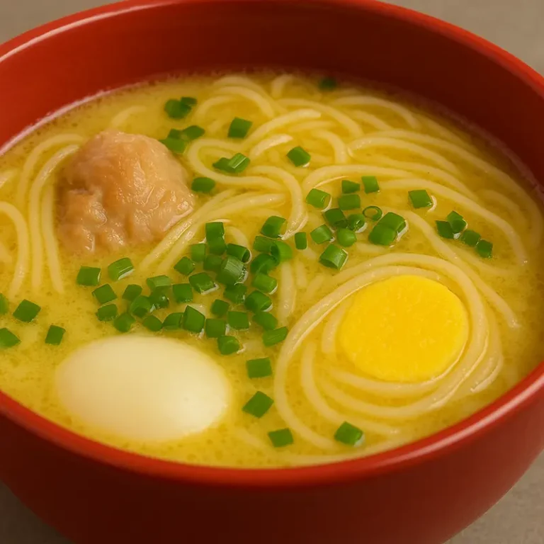 Bowl de caldo de gallina peruano con pierna de pollo, huevo sancochado y cebolla china sobre mesa rústica