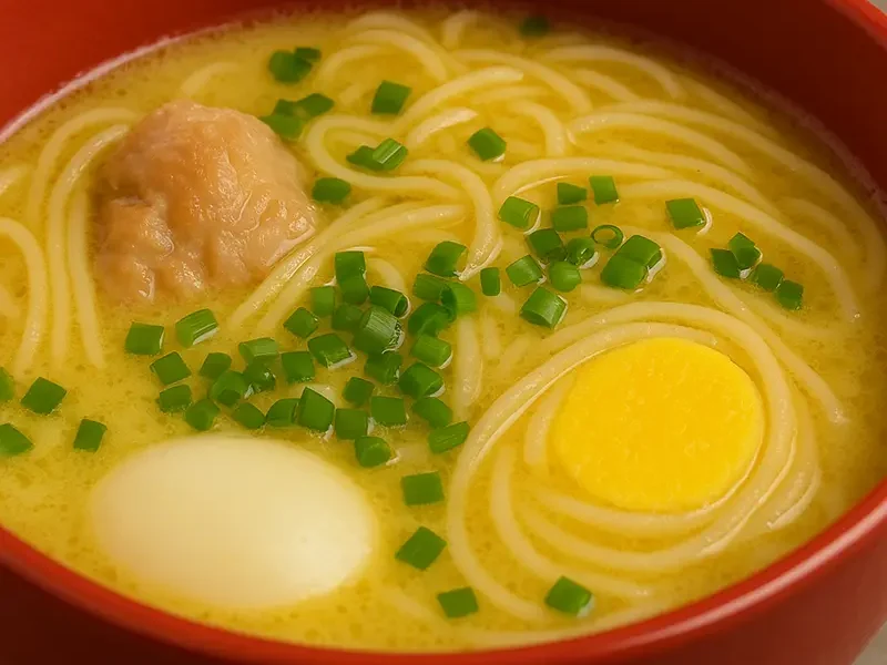 Bowl de caldo de gallina peruano con pierna de pollo, huevo sancochado y cebolla china sobre mesa rústica