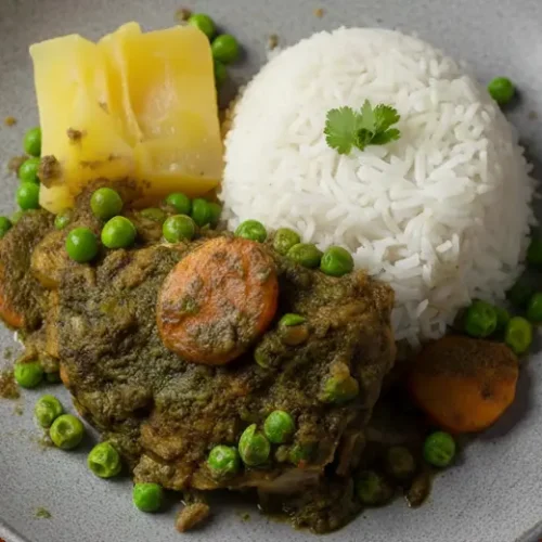 Plato de Seco de Pollo peruano con arroz blanco, yuca sancochada, arvejas y zanahorias en salsa de culantro.